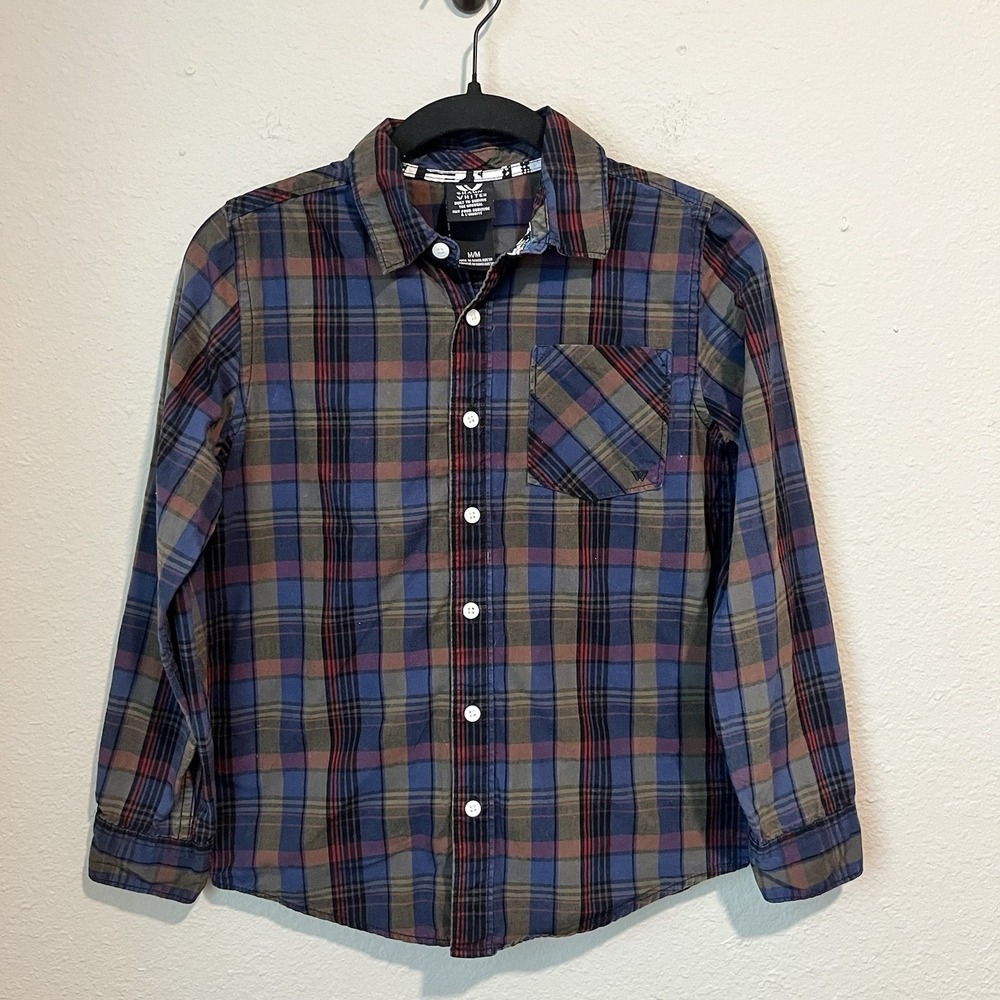 Shaun White Boys Button Up Shirt Size Medium Plaid Long Sleeve Classic Cotton
